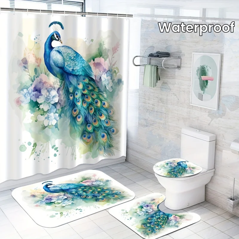 1/4pcs Blue Peacock Floral Pattern Shower Set, Waterproof Polyester Fabric Bath Curtain With 12 Hooks, Animal And Bo