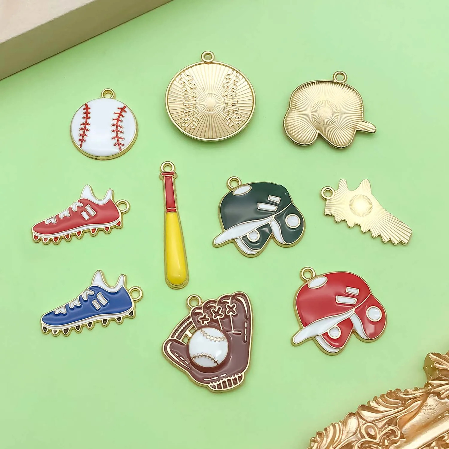 10pcs Enamel Baseball Sports Charms Alloy Gloves, Ball Caps, Sneakers Pendants For DIY Jewelry Making Accessories