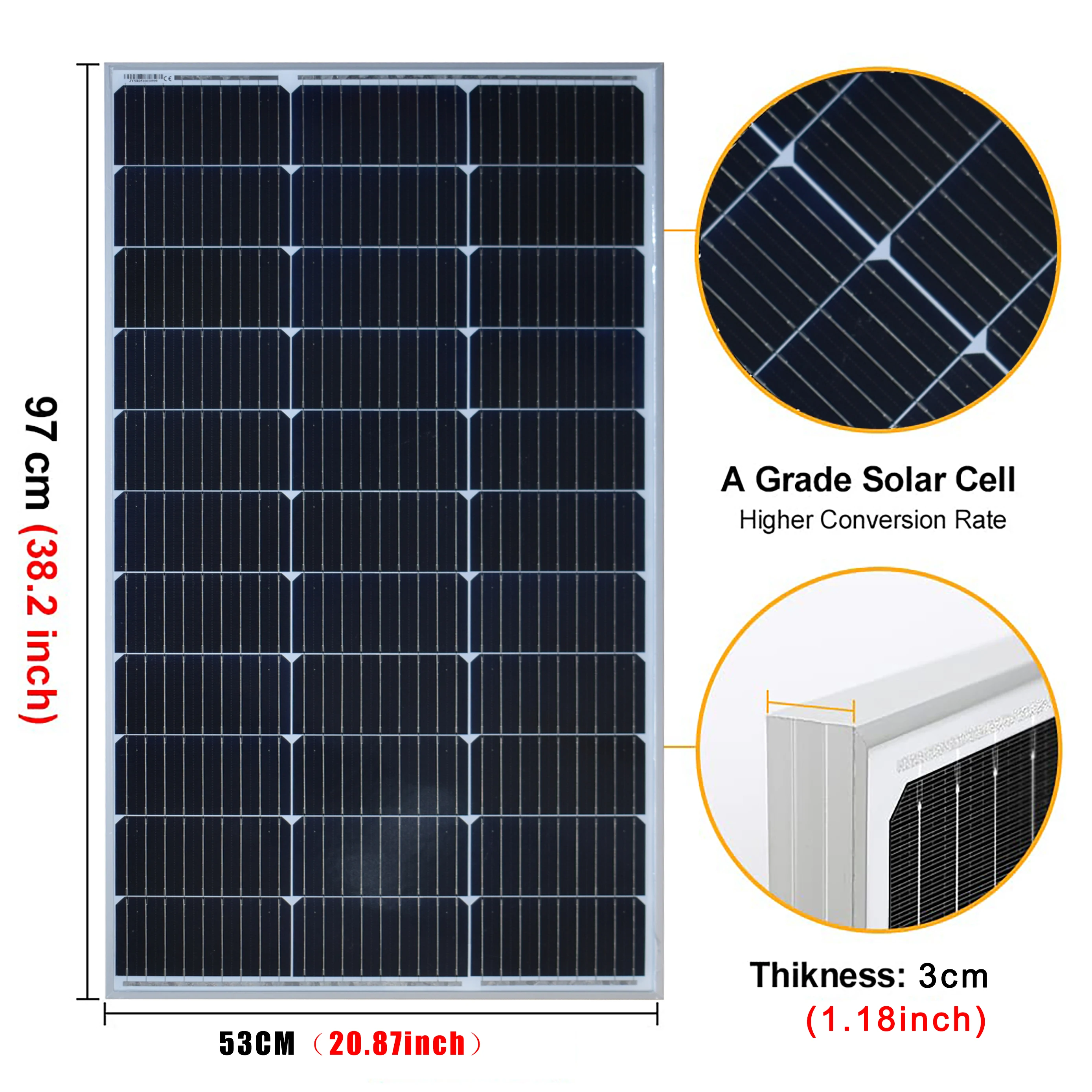 Image 3: Panneau solaire 100W 12V avec câble d'extension de 5m, module haute efficacité pour camping-car, camping, caravane, abri de jardin, bateau