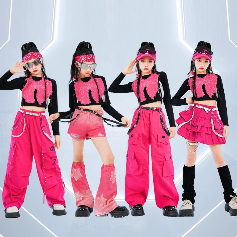 Jazz Dance Costume Kids Kpop Hip Hop Stage Wear Girls Fashion Clothes Kids Streetwear Black Tops Pink Skirt Shorts Pants AMY1105