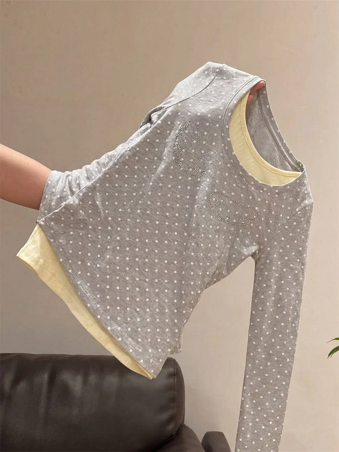 

Color Blocking Fake Two-Piece Polka Dot Long Sleeved T-Shirt American Style Retro O-Neck Top Fashionable Casual Women's T-Shirt