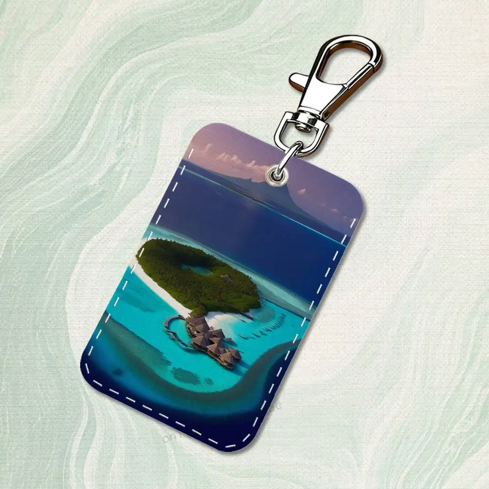 Maldives Scenery Art Rectangle Card Case Keychain Access Card Bag Key Tag Ring Leather Card Holder Key Ring Access