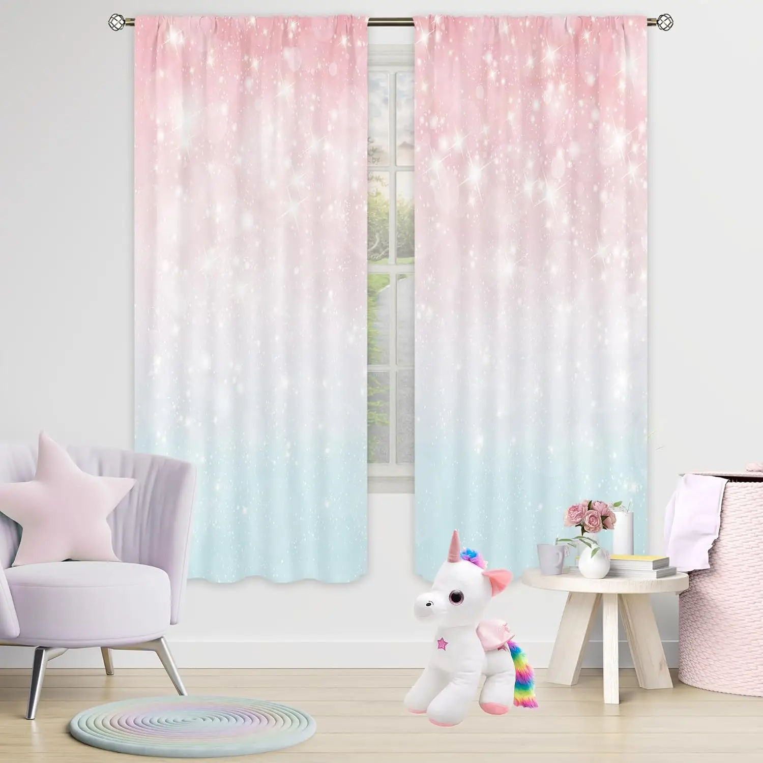 Ombre Pink Teal Curtains for Girls Room, Blush Blue Pastel Drapes with Rod Pocket, Baby Bedroom Window Decor