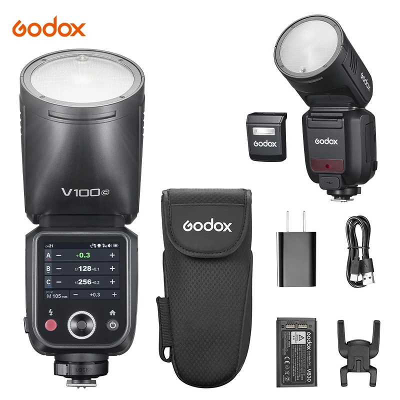 Godox V100 Camera Flash Round Head Touch Screen 100Ws Sync 1/80000 1/8000 HSS Lithium Battery 10 Level LED Modeling Lamp Flash