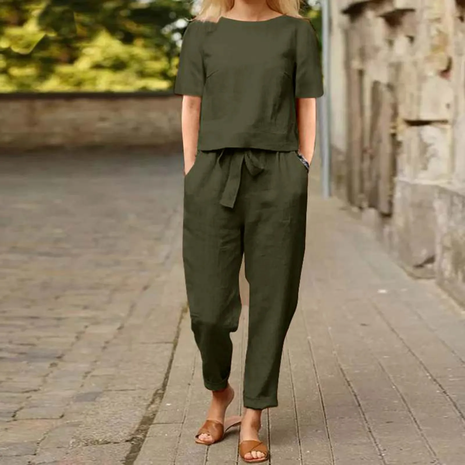 Women\'s Two Piece Summer Solid Color Casual Cotton And Linen Comfortable Short Sleeve Round Neck Loose Wide Leg Pants Suit