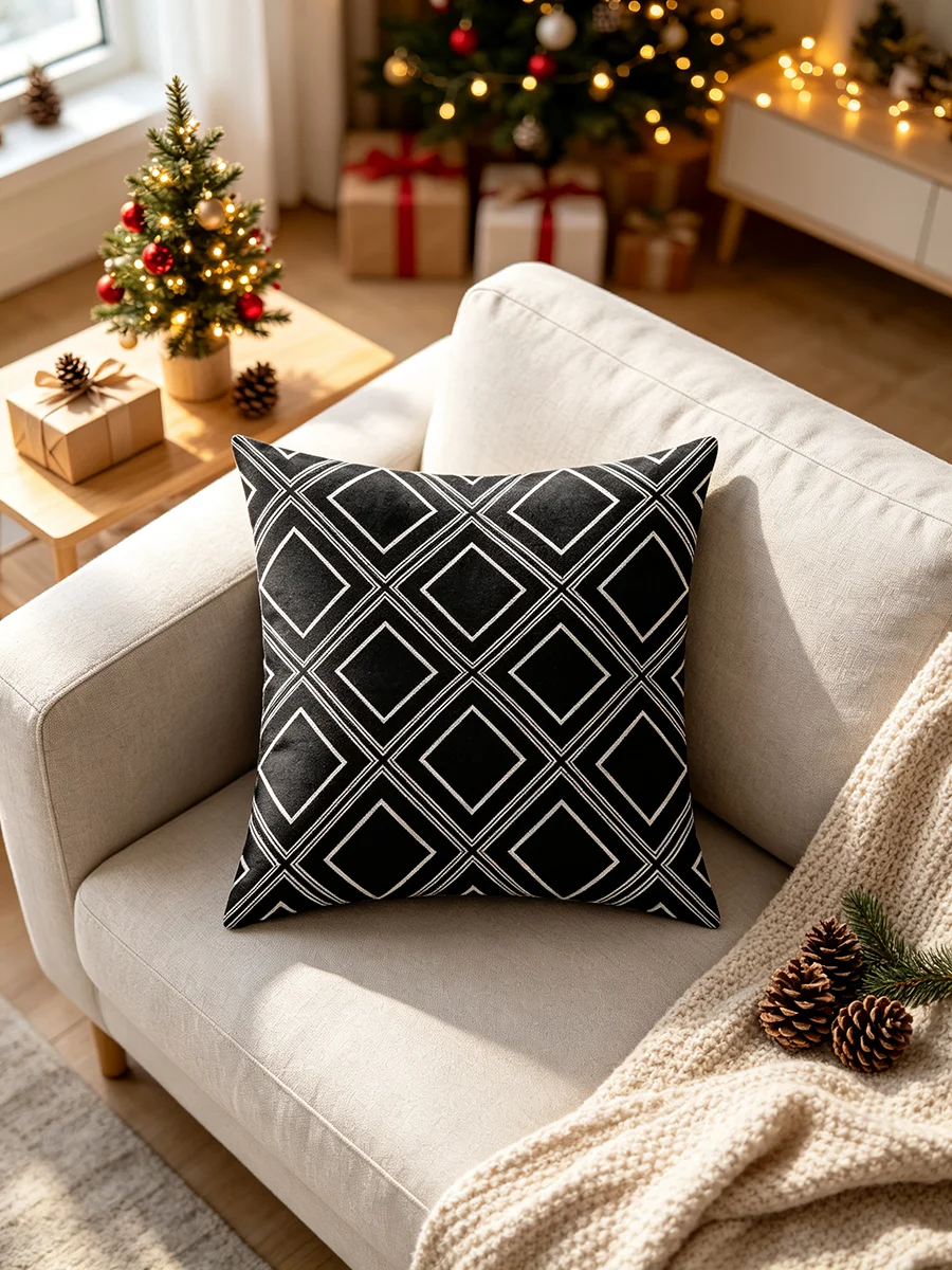 1PC Geometric Pillow Covers, Double Sided Print, Cushion Cover, Black White Diamond Lattice, Digital Print, Sofa Couch Bed Decor