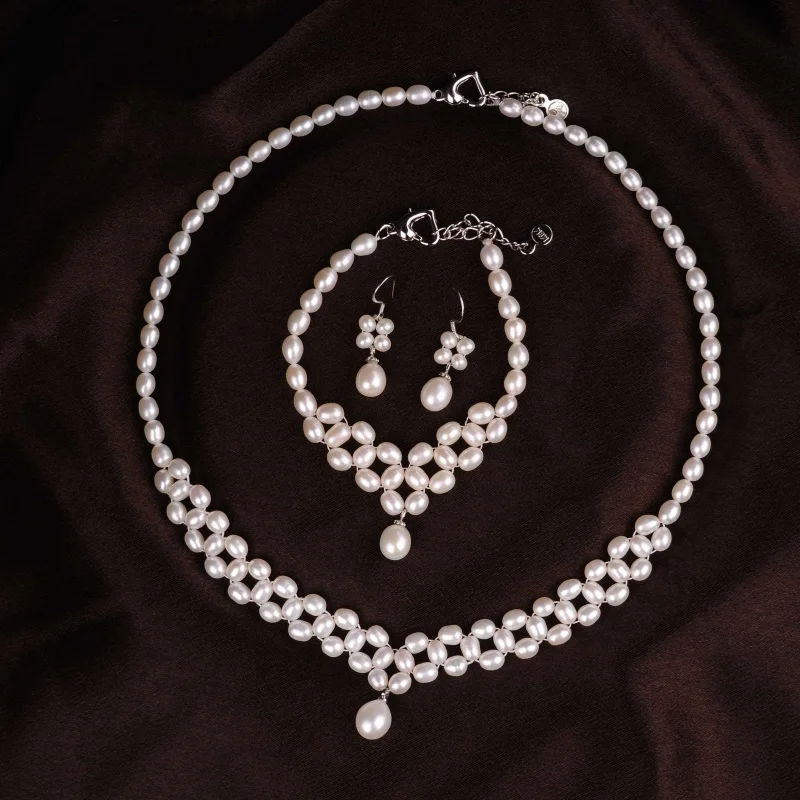 Pearl Jewelry Set Fine Jewelry necklace Bracelet earrings Natural white Freshwater Pearl new wedding party anniversary t252