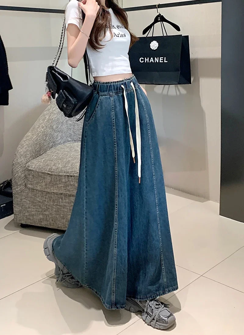 S-XL 2Colors Long Denim Skirt 2024 Korean Style High Elastic Waist  Lace Up A Line Ball Grown Long Jeans Skirts Style