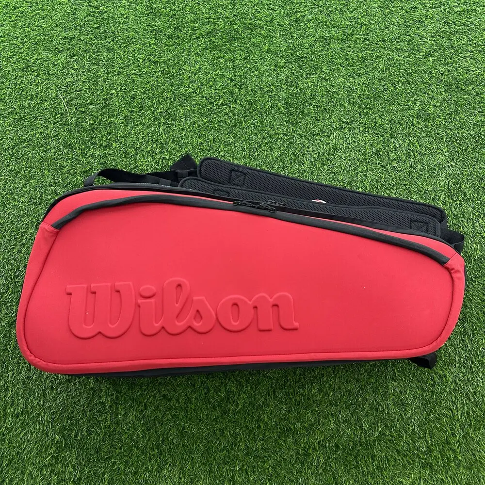 

Wilson Embossed Logo Clash V2 Super Tour Tennis Bag for 9 Rackets with Thermoguard Compartment Red PET Shell Racquet Backpack