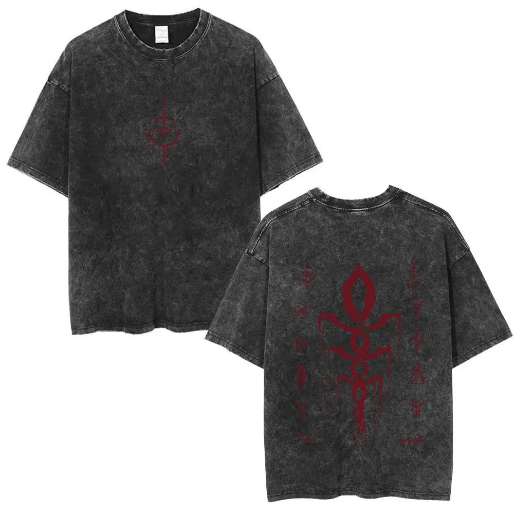 Y2k Summer Bloodborne Game Peripheral Printed Washed Distressed Short-sleeved T-shirts for Men and Women Retro and Loose