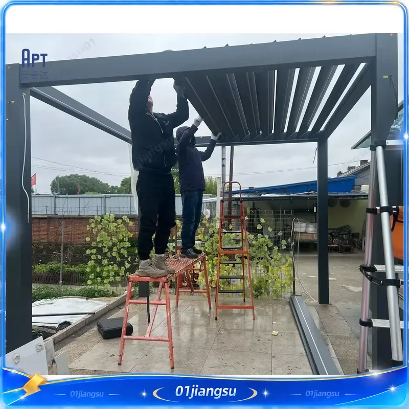 Custom Size Aluminum Pergola Motorized Louvered Roof Waterproof Garden Gazebo with LED Lighting Rodent Proof Outdoor Patio