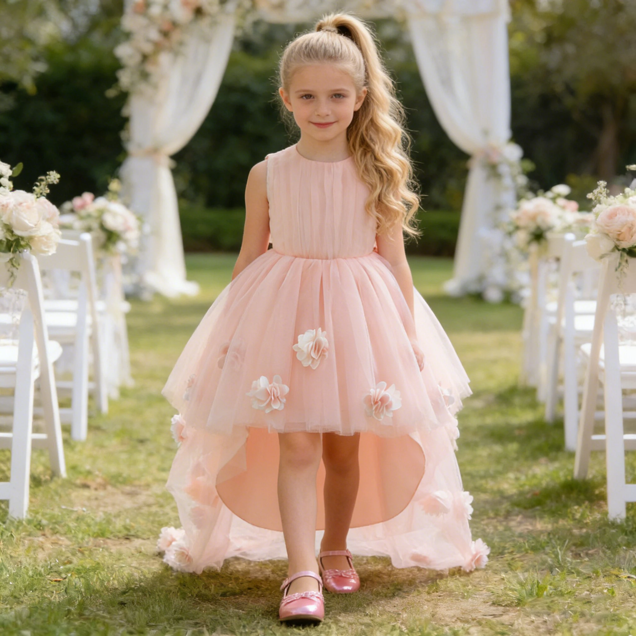 Elegantes Blumenmädchenkleid für Brautjungfern, Formelles Tüll-Hochzeitskleid, Geburtstags-Prinzessinnenkleid, Abschlussballkleid mit Schleife, Abendkleid