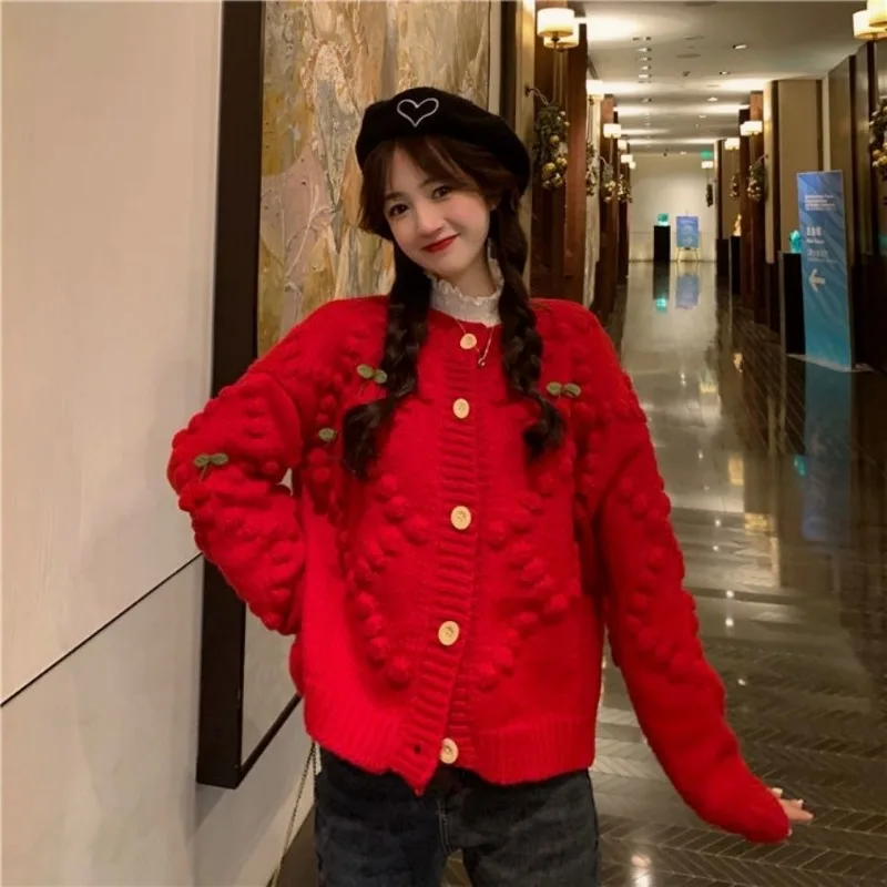 Autumn Winter Women Stylish 3D Cherry Cute Sweet Chic Single Breasted Knitted Cardigan Y2K Casual Long Sleeve Slim Sweater Coat