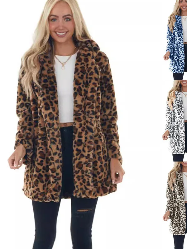 

Fashionable Leopard Print Loose Coat Women's Casual Thickened Cotton Lined Autumn Winter Outerwear Stylish Fur Simulation Jacket