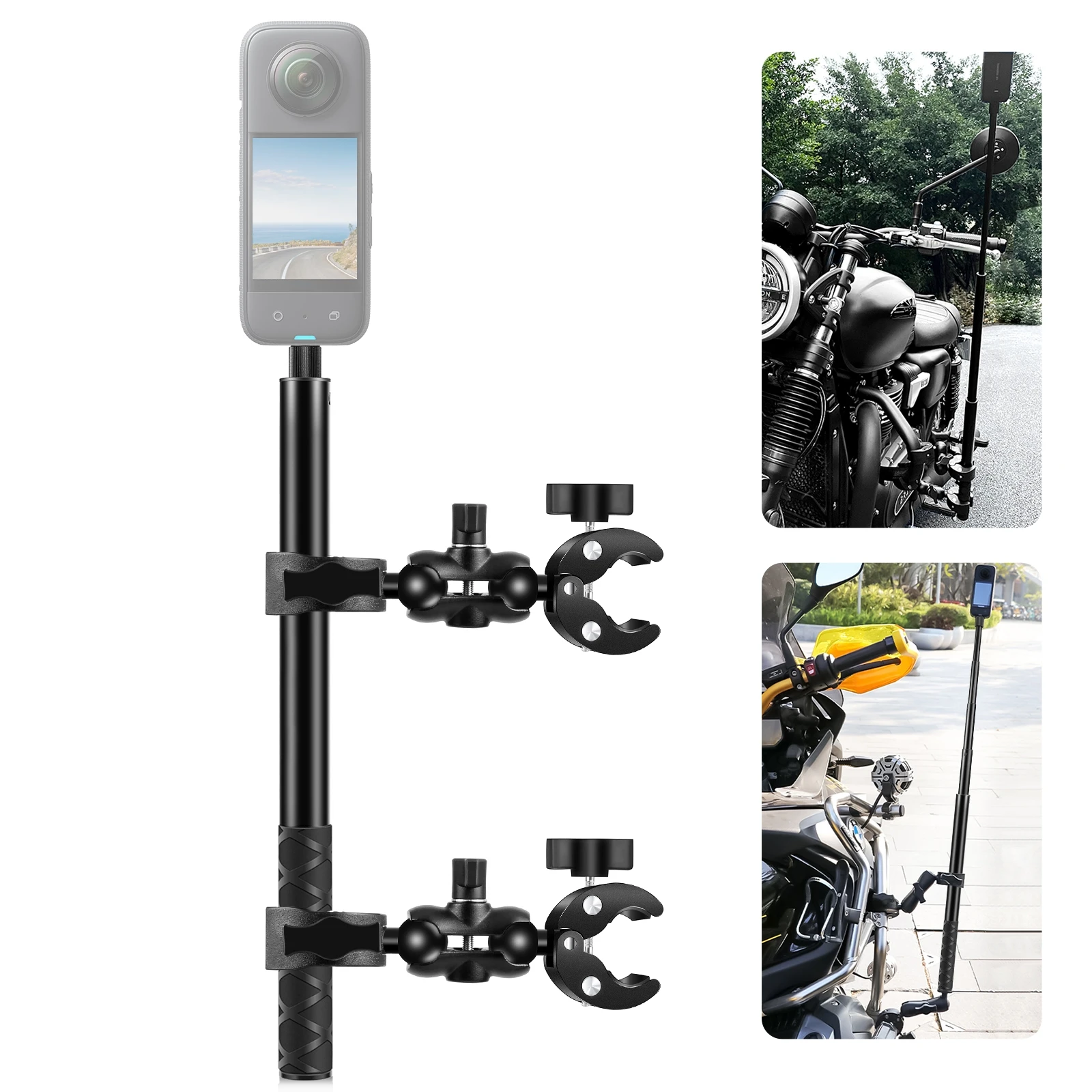 PULUZ Motorcycle Double Dual-heads Crabs Clamps Handlebar Fixed Mount 150cm Selfie Stick For Insta/GoPro/DJI Camera Accessoies