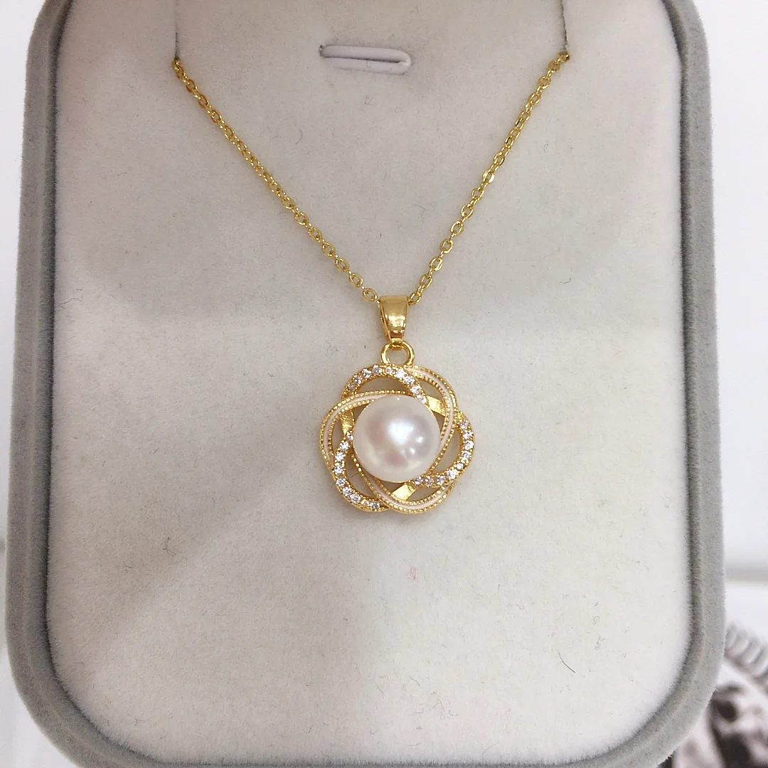 

9-10mm Bread Round Freshwater Pearl Pendant Necklaces for Women 40cm 5cm Extend Chain Gold Plated Bird's Nest Adjustable Pendant