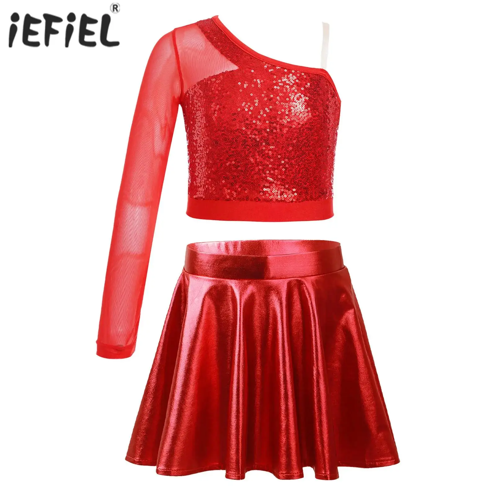 Kids Girls Latin Jazz Dance Sets Stage Performance Costume One Shoulder Shiny Sequins Crop Top with Skirt Suits for School Party