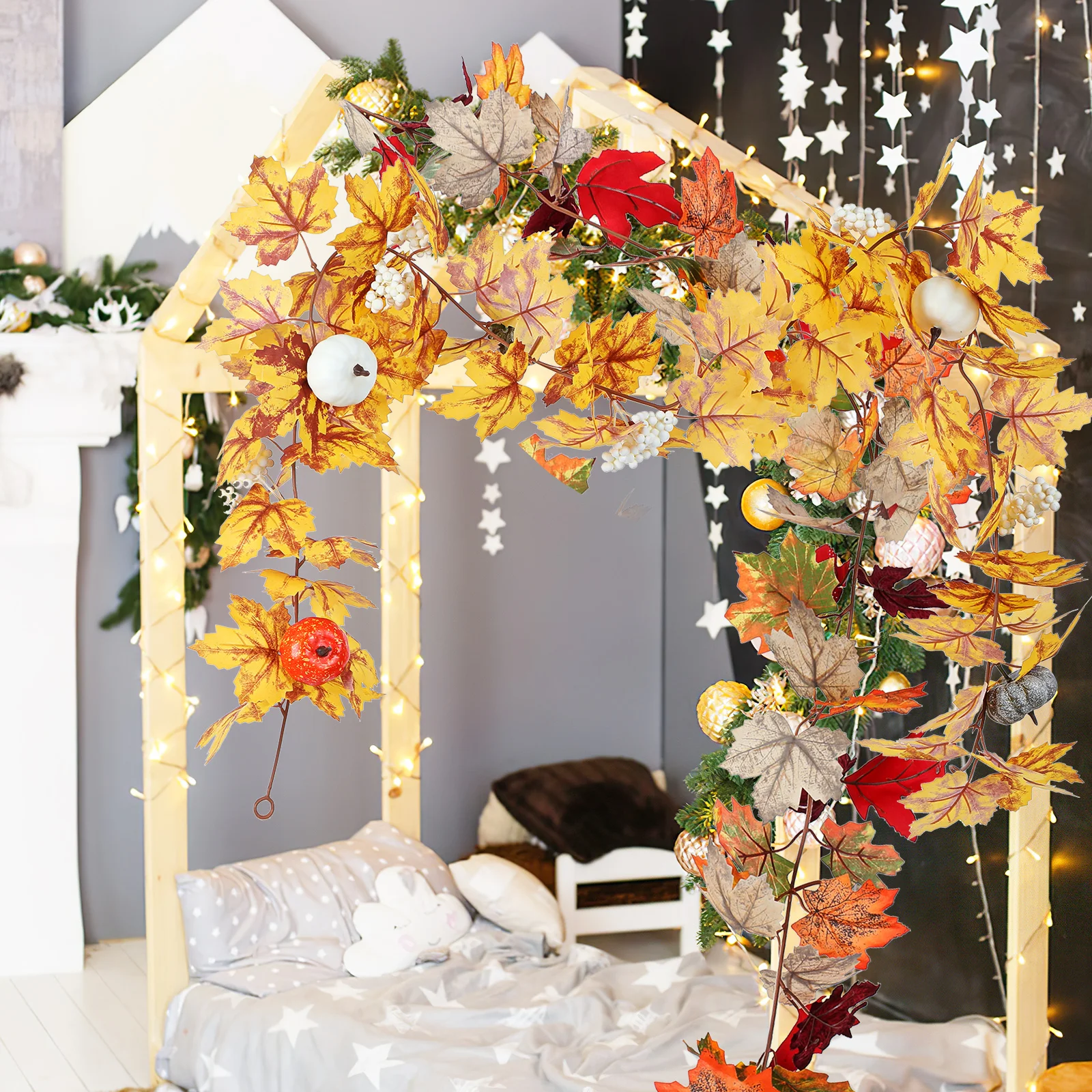 

2pcs Artificial Maple Leaf Vine 5.74Ft Lifelike Fall Leaves Garland For Thanksgiving Halloween Autumn Decor Indoor Outdoor