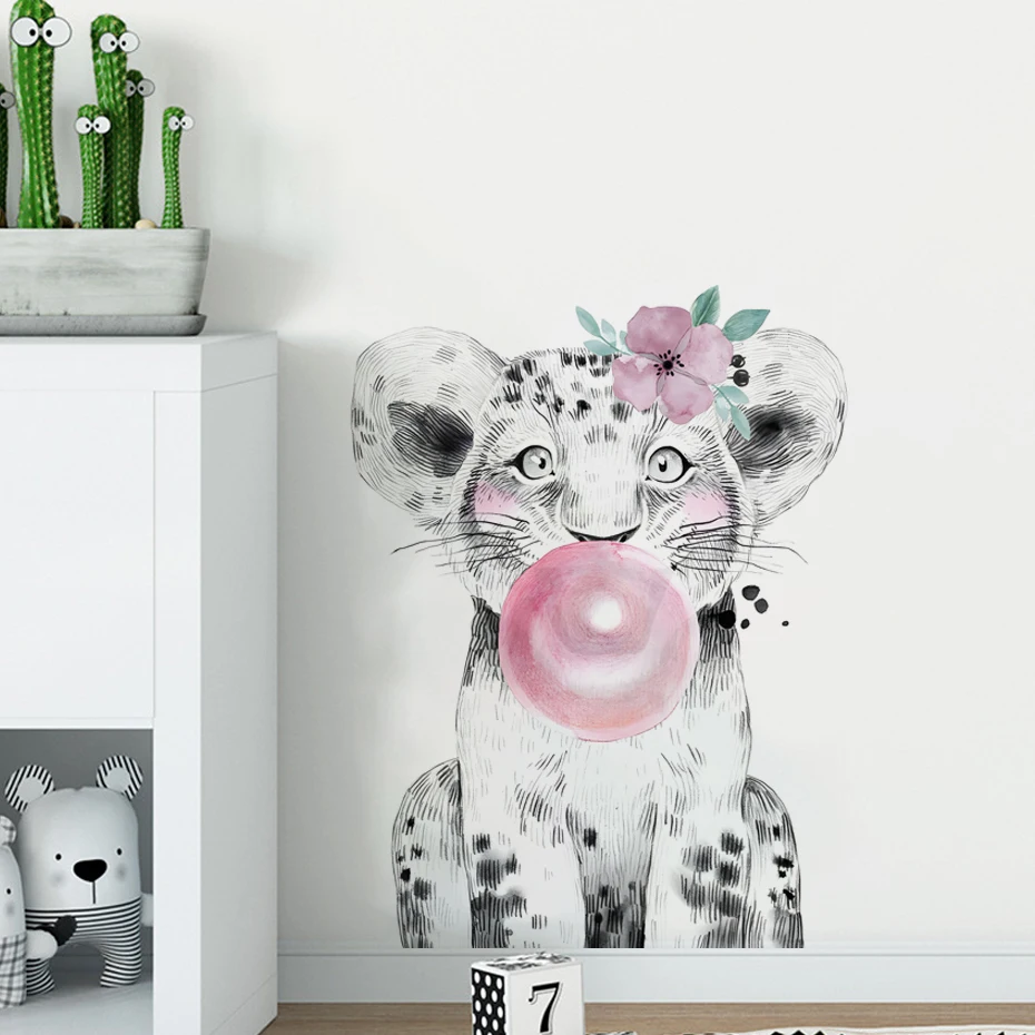 

Watercolor Safari Lion with Bubble Gum Digital Wall Stickers for Girl Kids Room Baby Nursery Wall Decals Home Decor