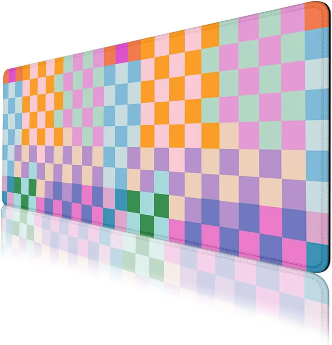 Pastel Checkerboard Desk Mat, Kawaii Aesthetic Large Gaming Mouse Pad, Stitched Edge Keyboard Pad for Girl Home Office Decor