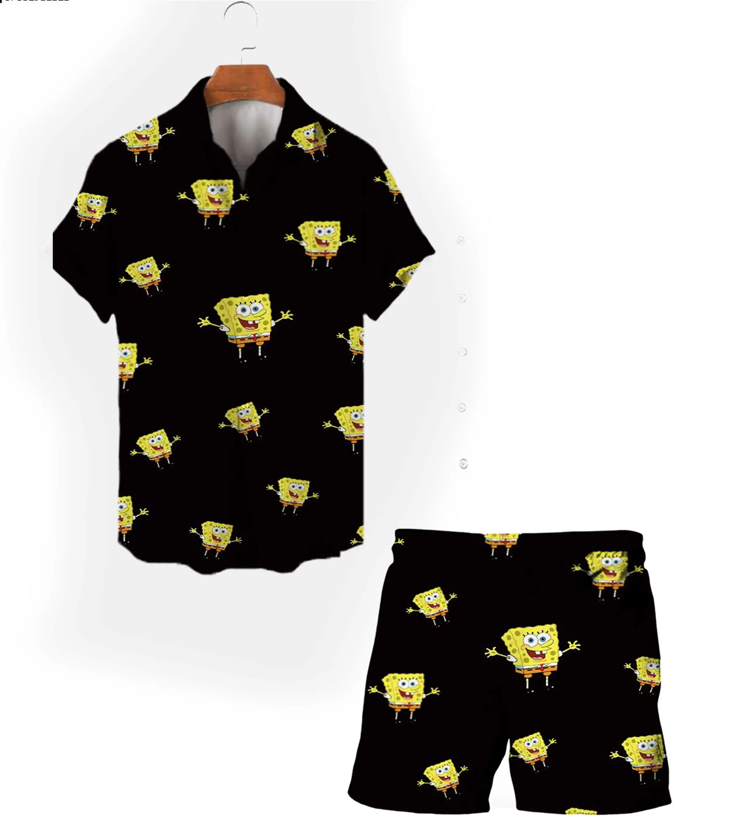 Street Harajuku style 2024 new summer Spongebob cartoon men\'s lapel short-sleeved tops beach shorts fashion casual suit y2k