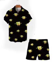 Street Harajuku style 2024 new summer Spongebob cartoon men's lapel short-sleeved tops beach shorts fashion casual suit y2k