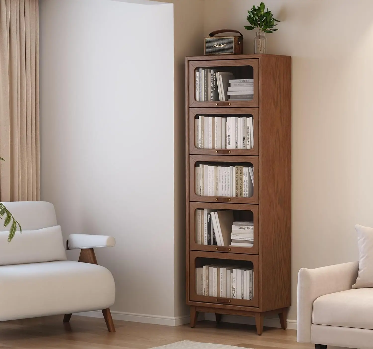 Solid Wood Bookcase 5 Tier Glass Door, Kitchen Pantry Shelf Display Living Room Bedroom Office 71'Hx23.6'Wx15'D, Customized