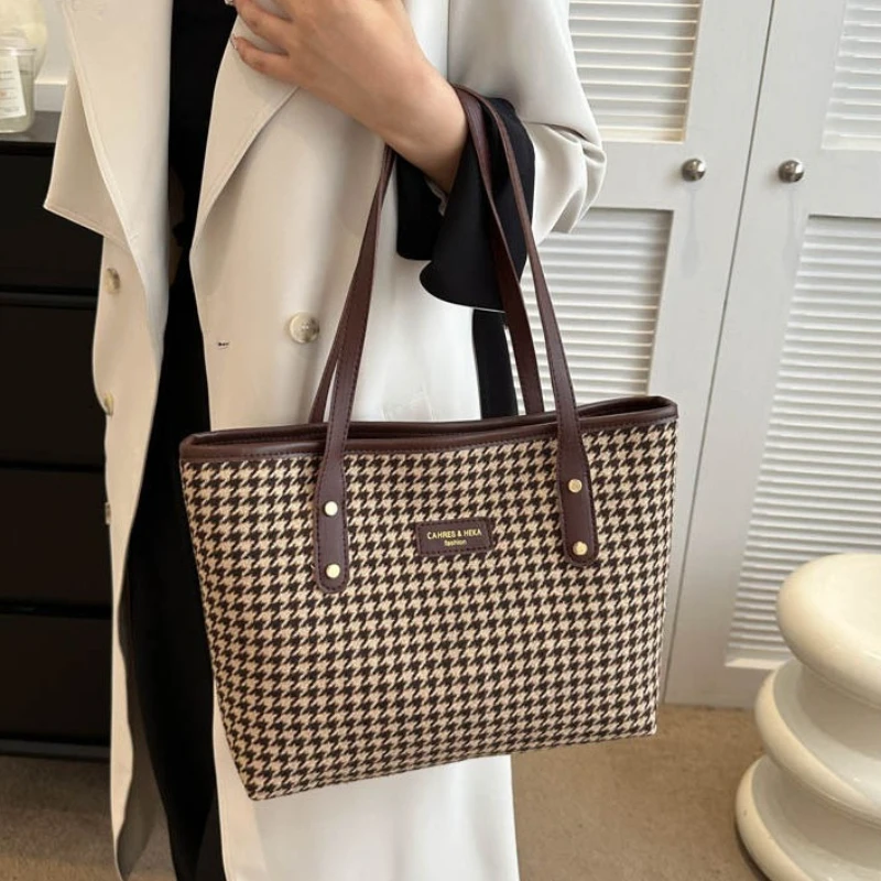 Bolso Tote con Diseño de Pata de Gallo, Ribete de Cuero, Gran Capacidad, para Mujer, para Viajes Diarios, Compras, Uso Diario, Casual, al Aire Libre
