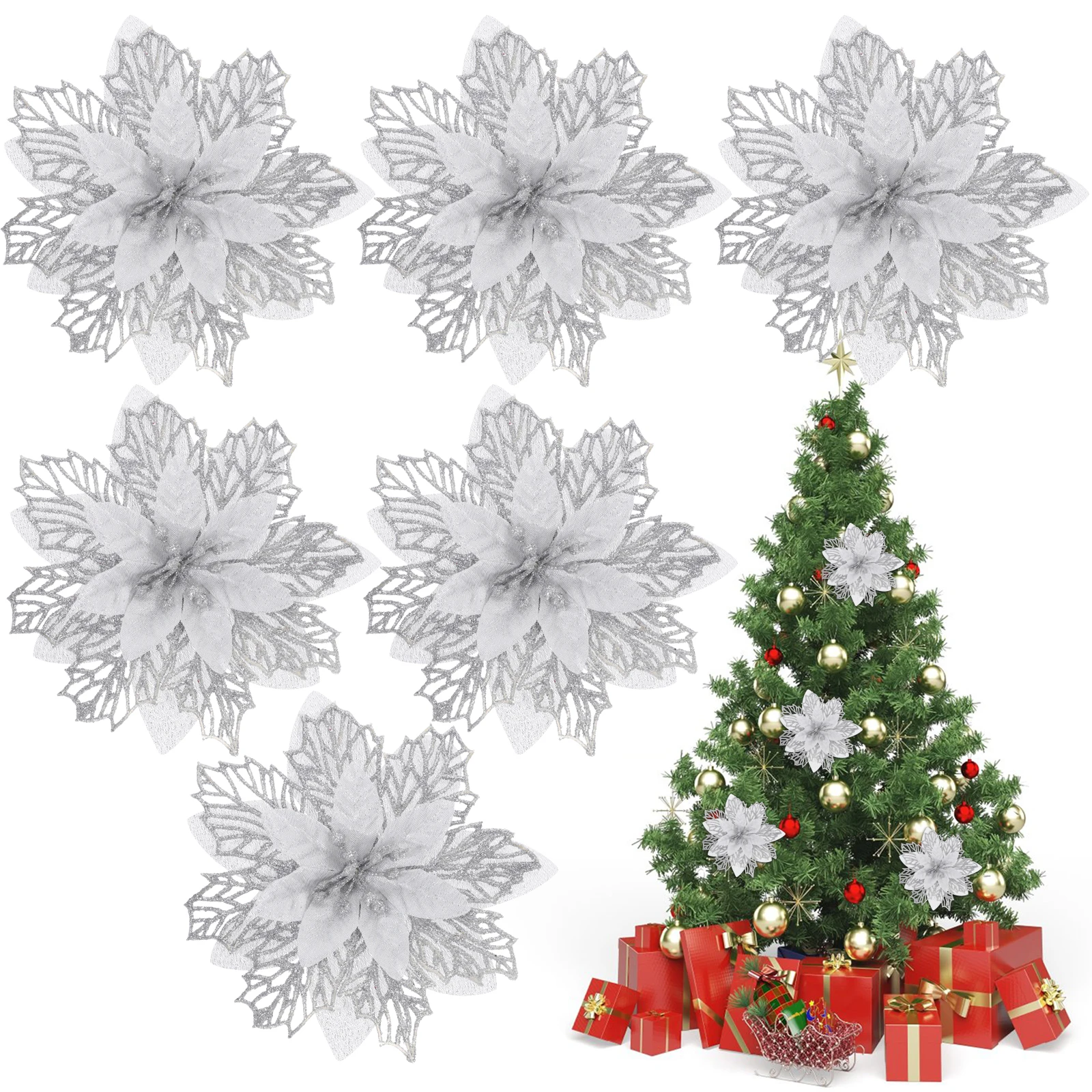 

6 Pcs Christmas Flowers Green naments Decorative Bedroom Decorative Fake Flower Xmas Tree Accessories PlasticFlowers