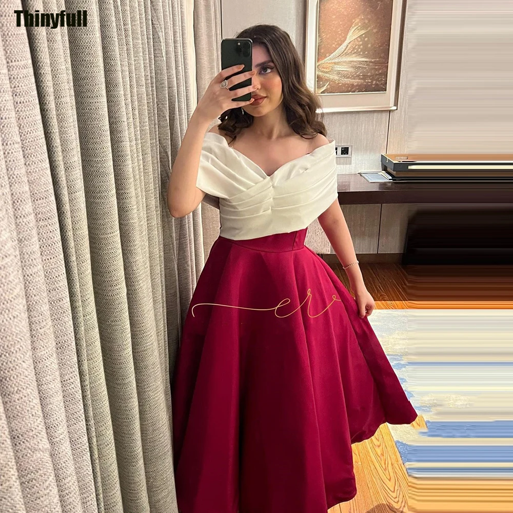 

Thinyfull A-line Satin Prom Dresses Off Shoulder Tea-length Saudi Arabia Evening Party Gown Formal Occasion Dress Robe De Soirée