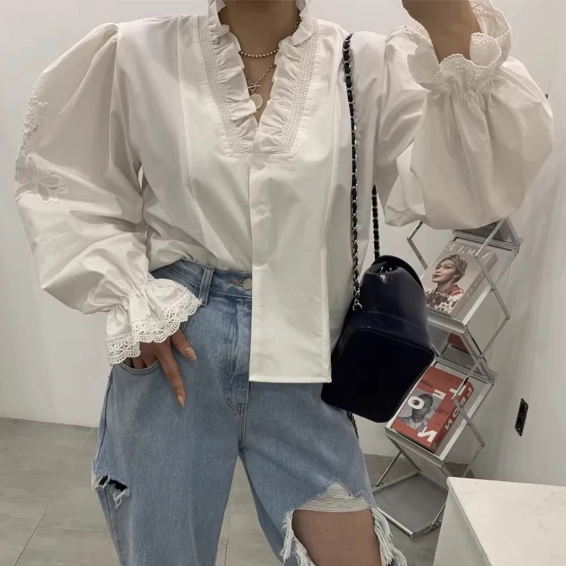 Ele V-ne Single-button Hollow out Long Sve Chic irt Women's Loose Fit Commute Sle Korean Version Spring 2024