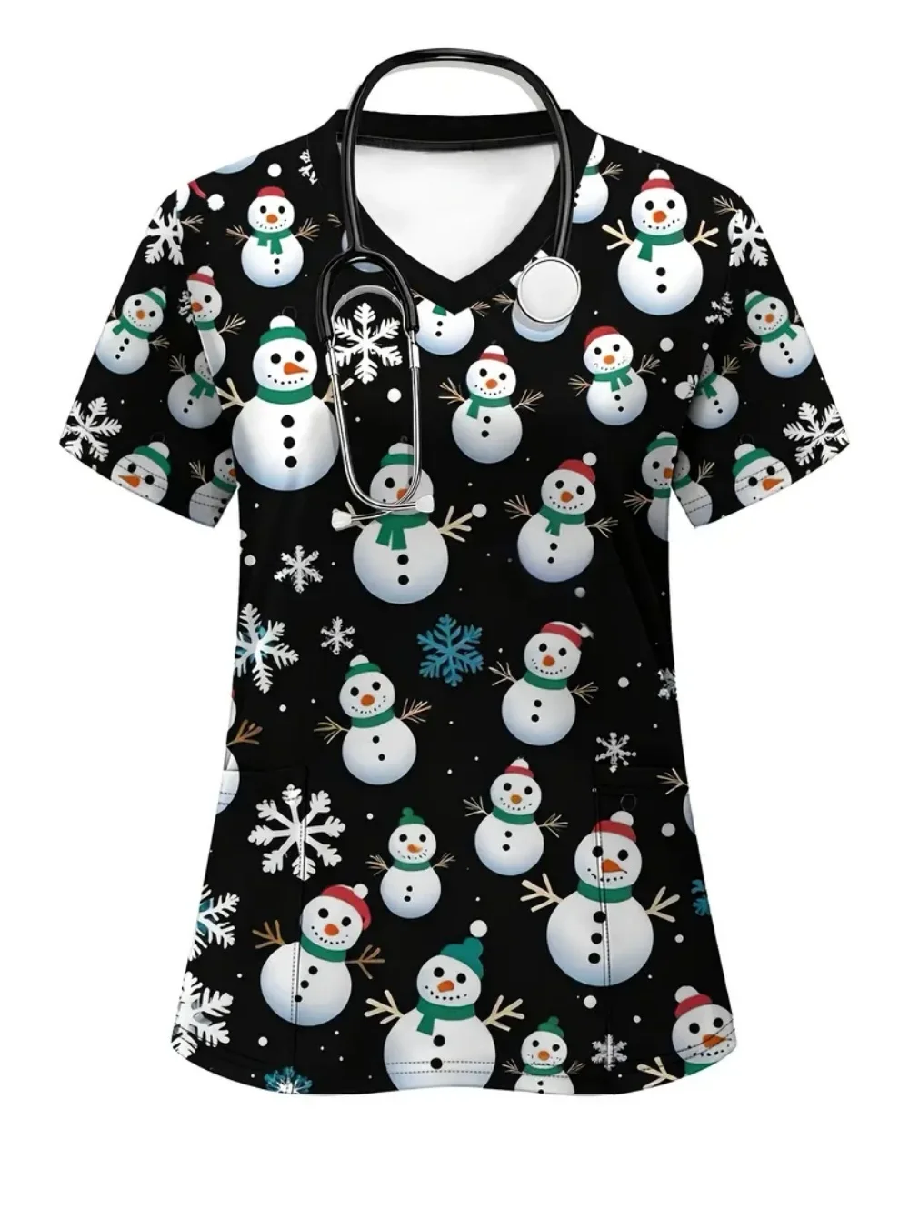 

New Scrubs Uniform Woman Christmas Elemental Print Healthcare Scrub Fashion with Pockets Short Sleeve Nurse Uniform Woman Tops