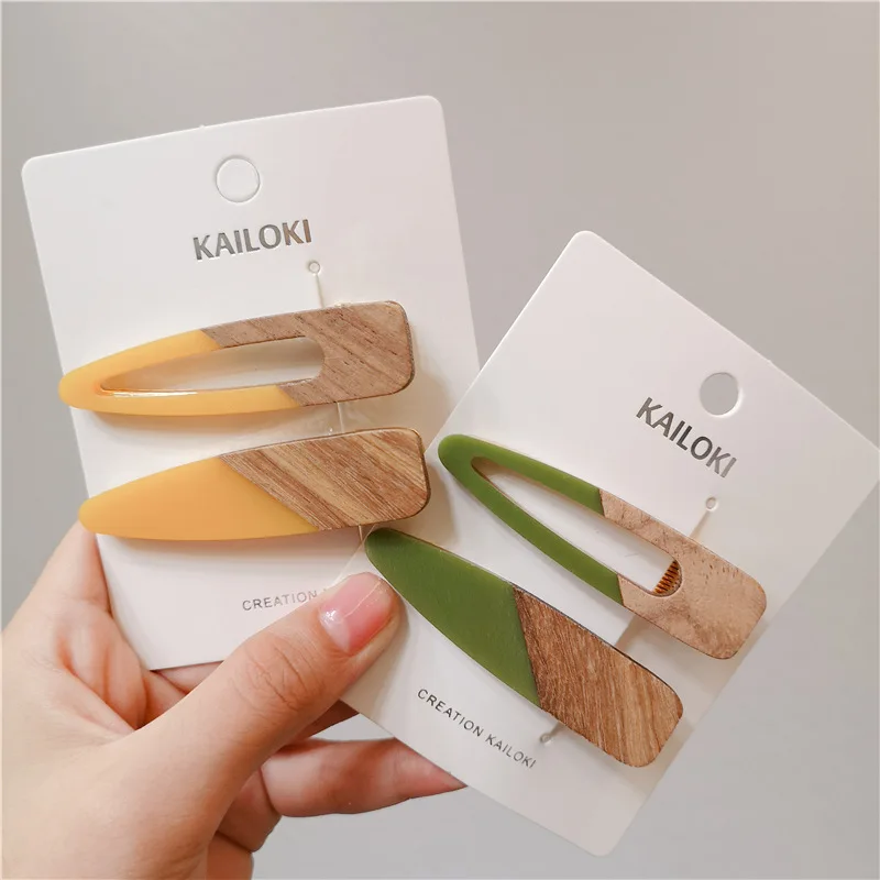 Fashion Women Acetate Stitching Wooden Hairpin Set Drop-Shaped Rectangular Geometric Hair Clip Girl Barrette Styling Accessories