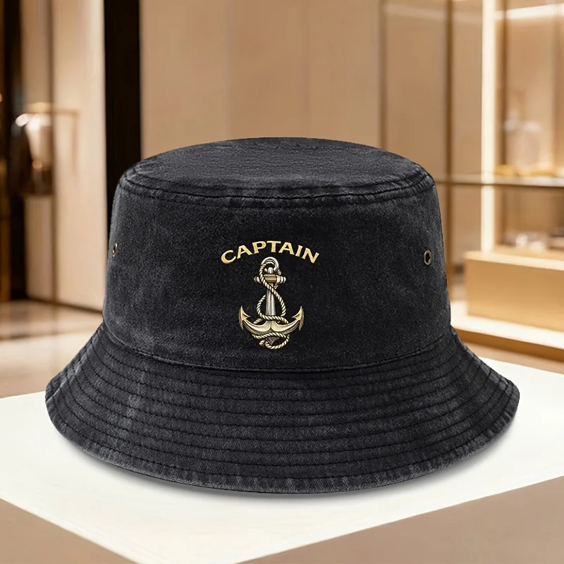 CAPTAIN Anchor Nautical Style Printed Fisherman Hat Classic Washed Distressed Vintage Bucket Hat Outdoor Casual Sports Hiking Ca