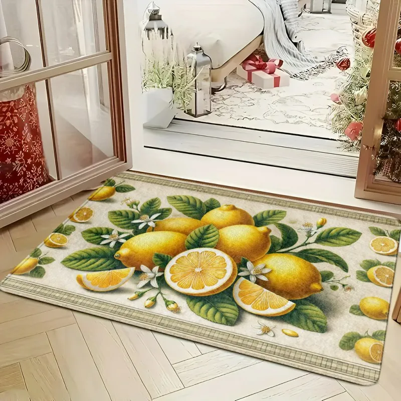 Whole & Sliced Lemon Blossom Leaf Vintage Border Print Anti Slip Entrance Doormat Indoor Front Entry Decor Floor Mat