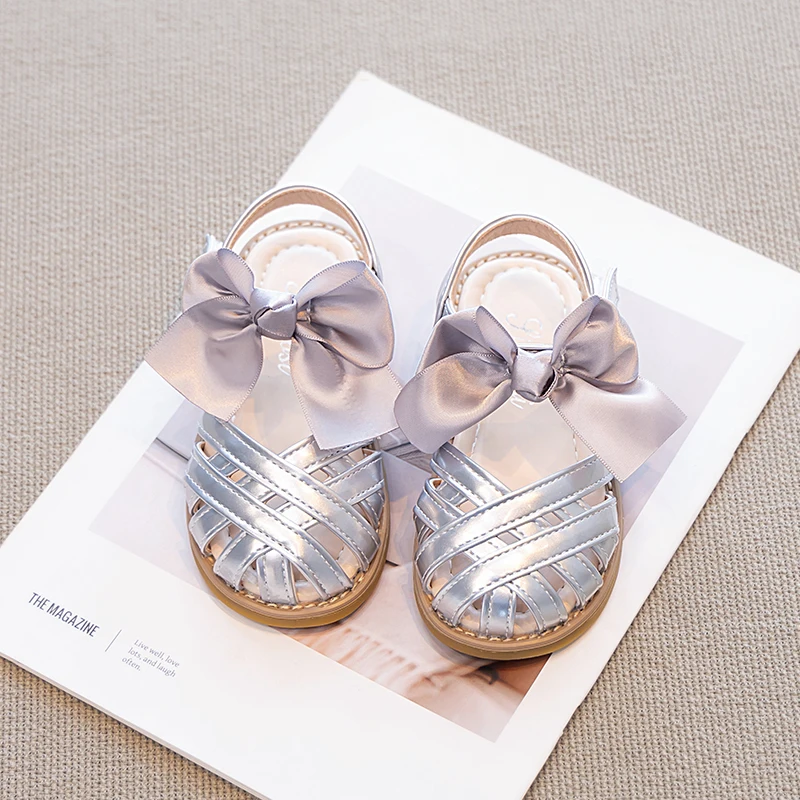 

Kids'Casual Shoes Closed-Toe Sandals PU Leather Cutout Bow Summer Shoes For Girls Anti-slip Breathable Silver Shoes Size 24-34