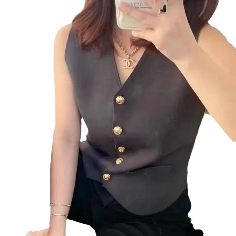 

1 Pc French Retro Solid Color V-neck Single-breasted Sleeveless Slim Knitted Vest For Women