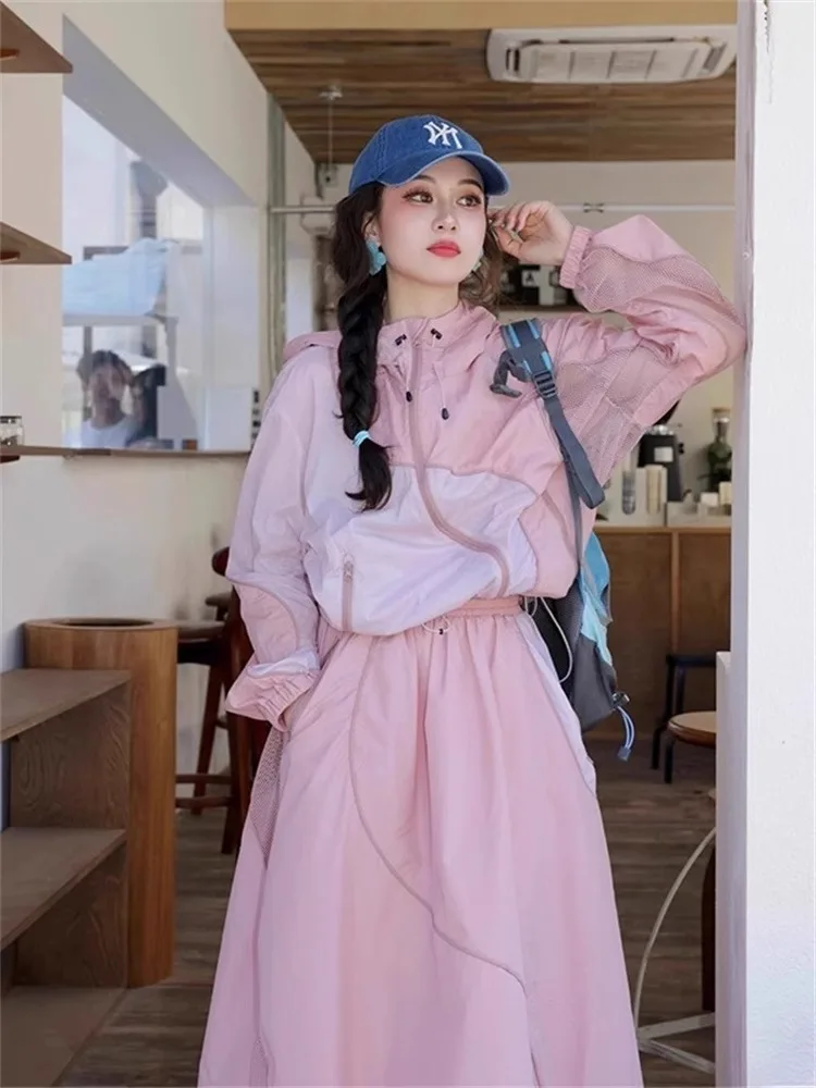 

Sweet Pink Summer Sun Protection Set Loose Fit Hooded Open Cardigan Coat Skirt Women's Men's Two-Piece Faion Ensemble
