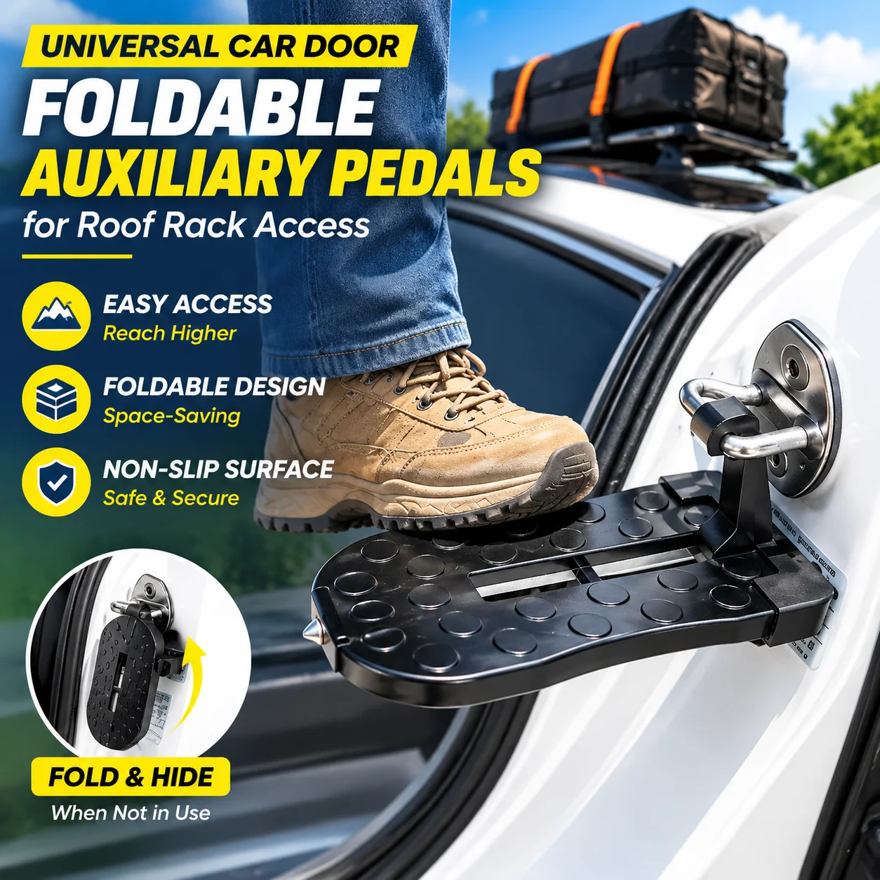 Aviation Grade Aluminum Car Door Step Foldable Door Latch Pedal Universal for SUV Truck Jeep Roof Access 400 lbs Anti-Slip