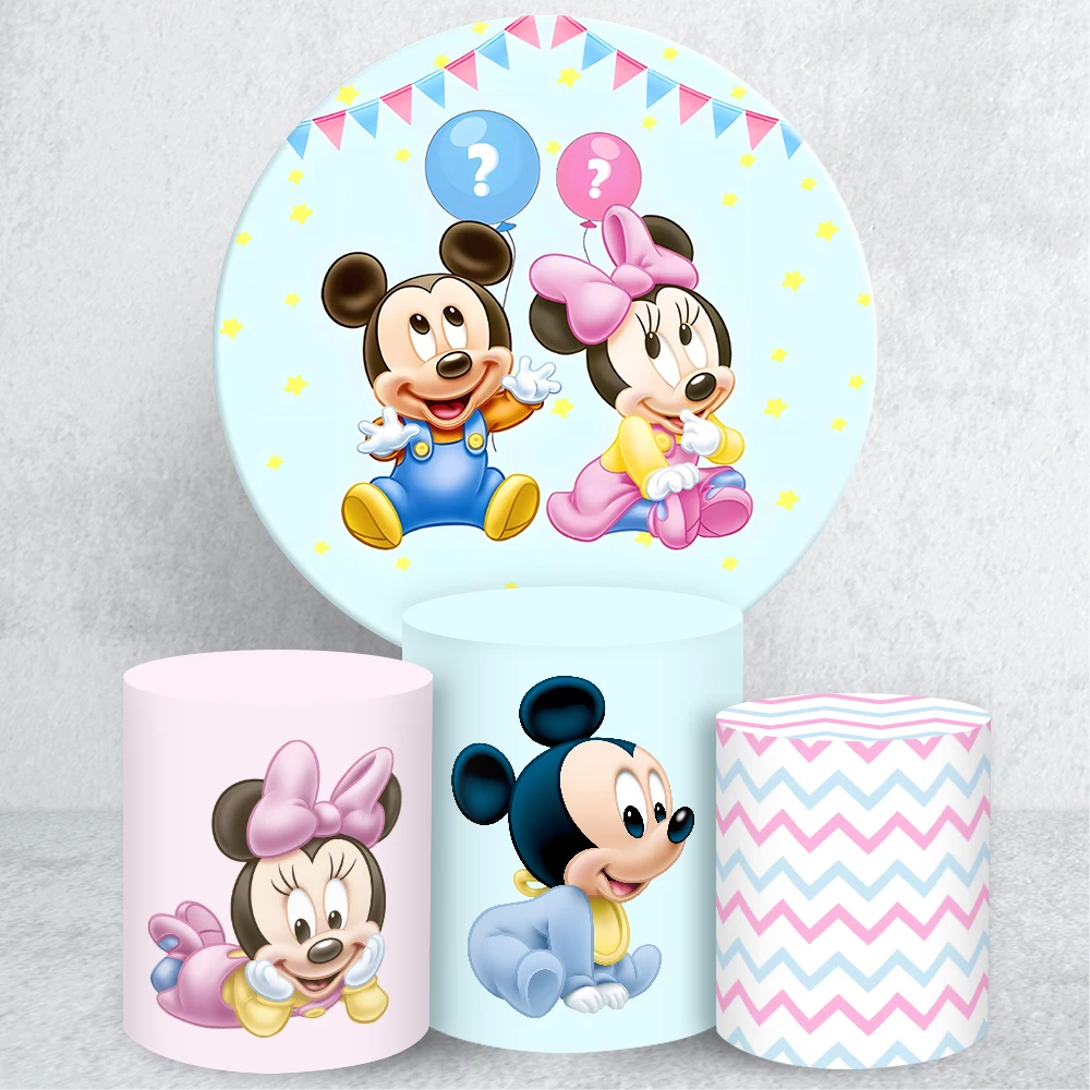 

Baby Mickey Mouse Round Backdrop Cover Baby Shower Birthday Party Supplies Elastic Fabric Cylinder Covers Background Decor