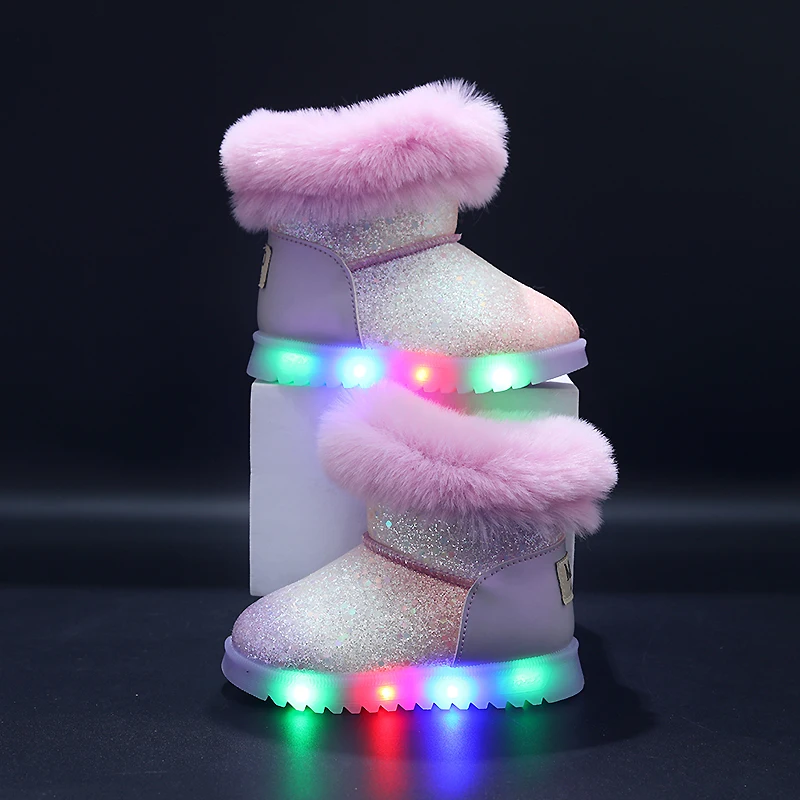 Mgo Kidss Autumn and Winter Girls' Snow Boots, Light-Up Shoes, Casual Fashion Versatile Plush Thickened Warm Cute Soft Baby Snow Boots, Short Boots, Girls' Thickened Plush Lined Snow Boots, Suitable for 1-6 Years Old,