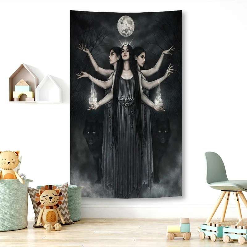 VIKAMA Triple Goddess Wall Hanging Hecate Witch Full Moon Black Wolf Dark Gothic Spiritual Aesthetic Home Decor Tapestry