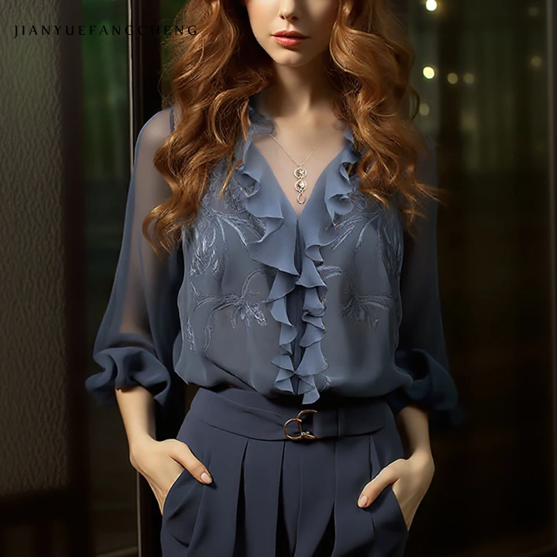 

2025 Summer Lightweight Chiffon Top Women's Embroidered Ruffles Edge V-neck Loose Casual Shirt Spring Summer Blouses