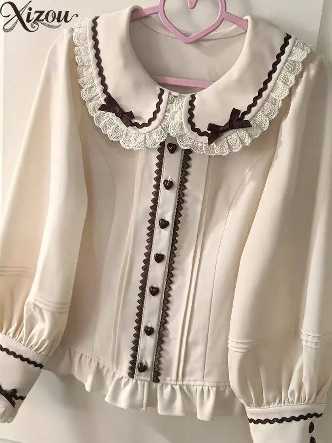 

Peter Pan Collar Lantern Sleeve Lolita Blouse Ruffle Lace Bow Vintage Y2K Kawaii Long Short Sleeve Inner Top 2026 Summer Autumn