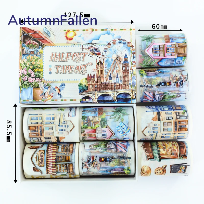 4Pcs/Set Matte Beach PET Washi Tape Pre-Cut Urban Architecture Masking Tape for Stickers Scrapbooking Journal Collage Material