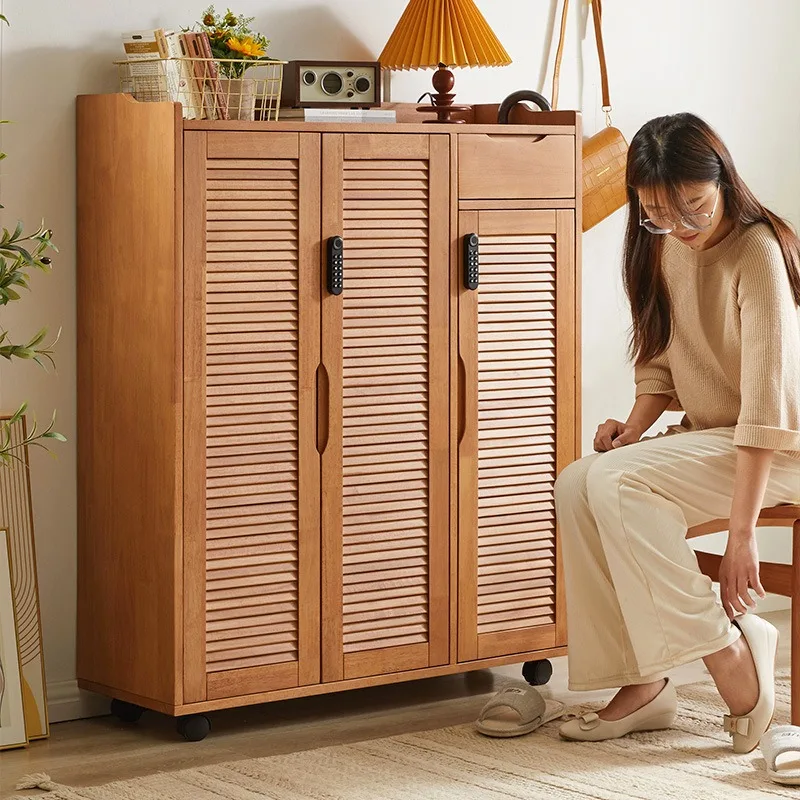 Solid wood movable with lock belt wheel shoe cabinet cherry wood color household door corridor door door cabinet outdoor