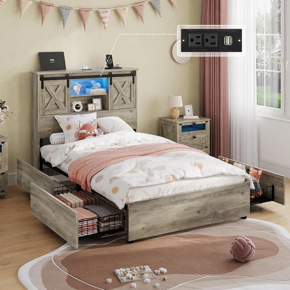 Hasuit Farmhouse Bed Frame Twin Size with 4 Storage Drawers, Wooden Platform Twin Beds with Charging Station and LED Lights, Rus