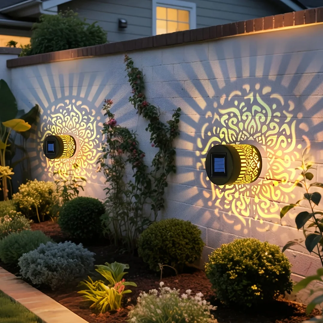Solar Powered Small Wall Lamp with Hollow Mandala Iron Lantern Design Garden Decorative Lights Ideal Festival Gift
