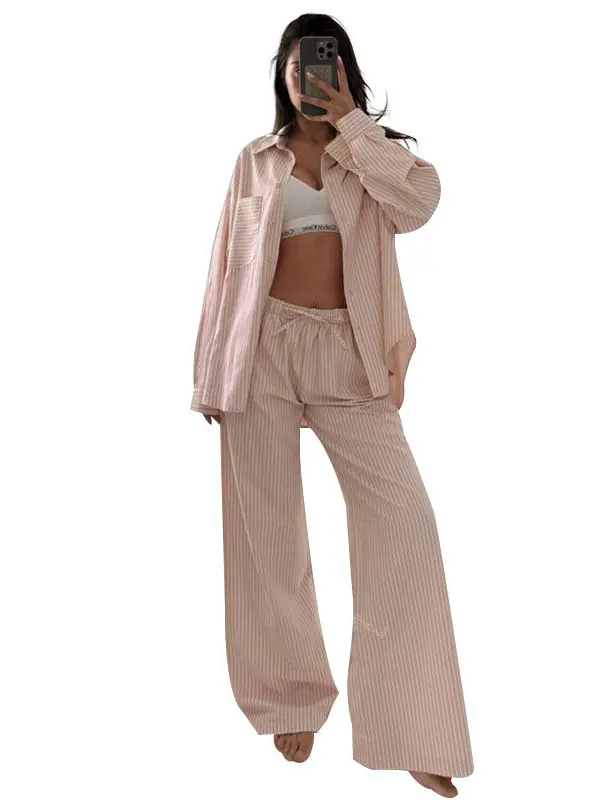 

Women's Faionable Striped Casual Suit Long Sve Pants Set Spring 2025 Polyester Material Two-Piece Set Long Pants