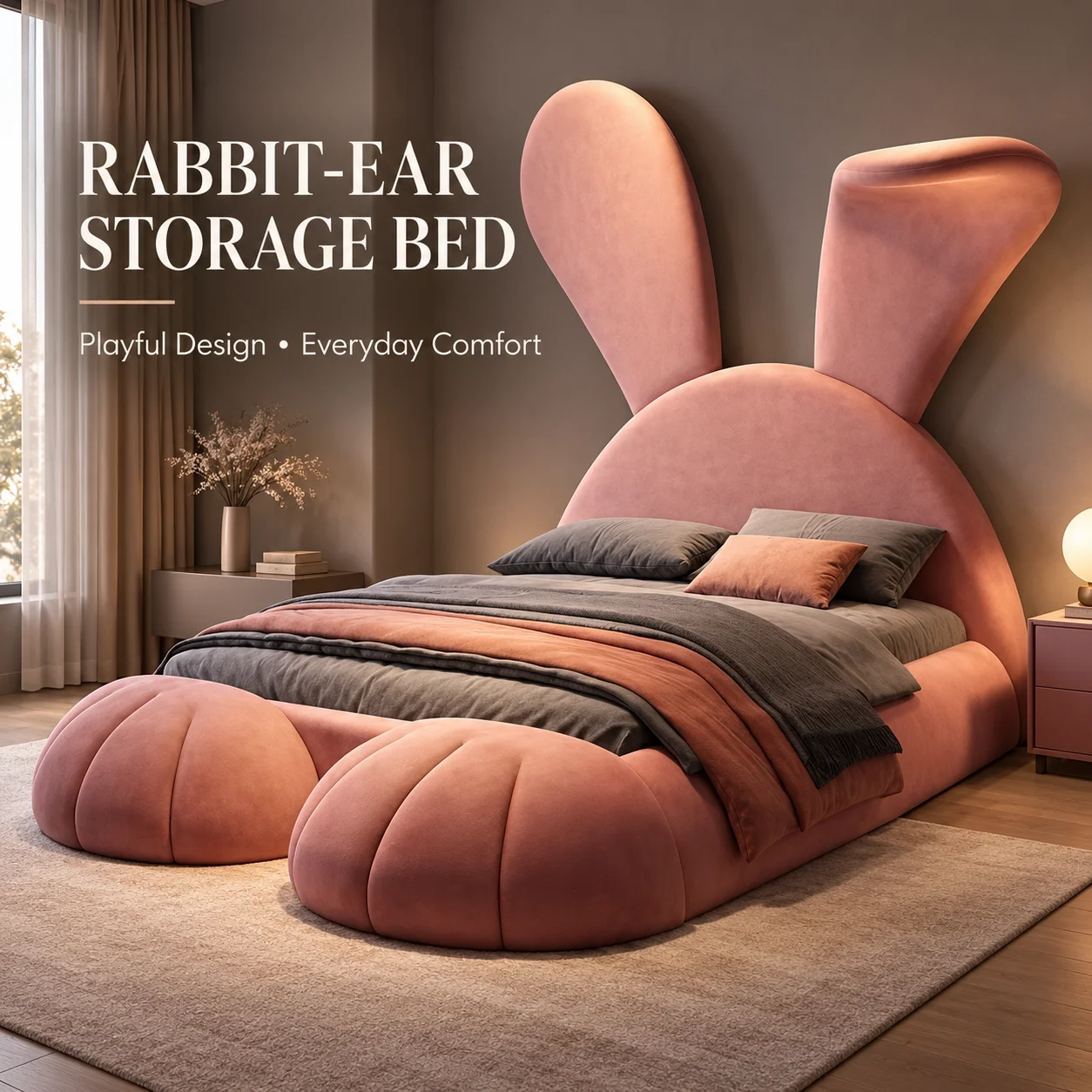Pink Princess Solid Wood Kids Bed with Cartoon Rabbit Headboard, Multi-Functional Light Luxury Modern Girl Bedroom Furniture